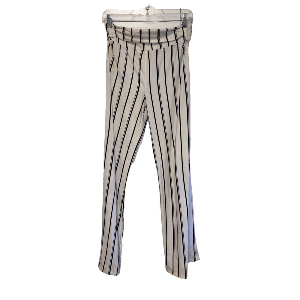 Hot Kiss Women Pants M Ivory Striped Pull On Stretch High Rise Straight Leg